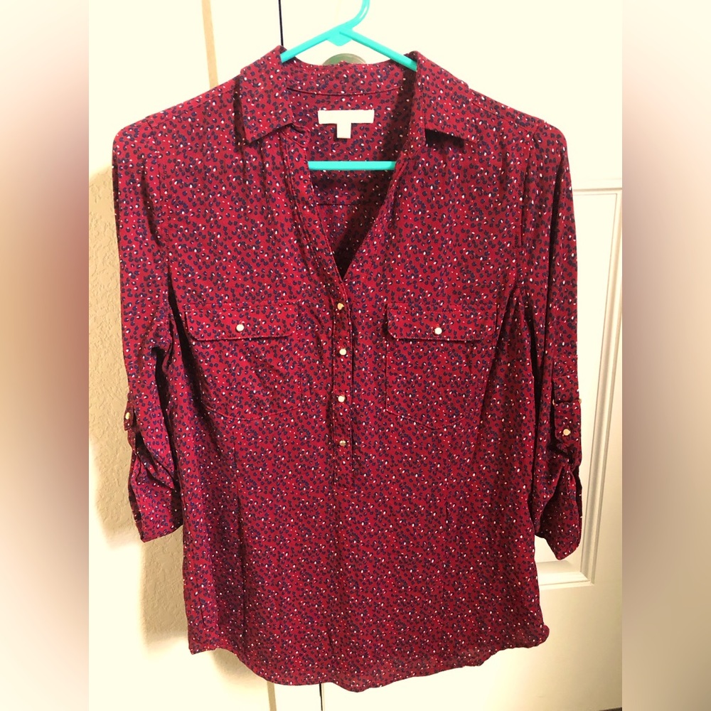 Skies are Blue, long sleeve blouse, small, burgundy with navy accents